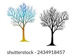 Leafless winter trees. Hand drawn sketch. Line art. Black and white and colorful design elements on white background. Isolated. Tattoo image.