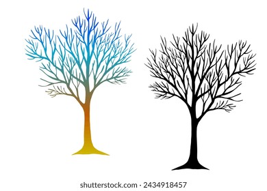 Leafless winter trees. Hand drawn sketch. Line art. Black and white and colorful design elements on white background. Isolated. Tattoo image.