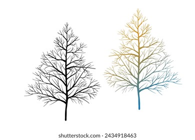 Leafless winter trees. Hand drawn sketch. Line art. Black and white and colorful design elements on white background. Isolated. Tattoo image.