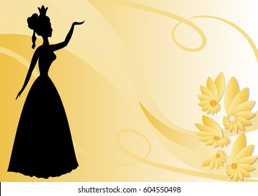 Leaflet background with black victorian lady silhouette on pastel yellow wallpaper with flowers, vector EPS 10