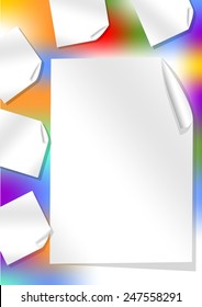 Leaflet background with rainbow stain and white papers for own text with rolled corners 