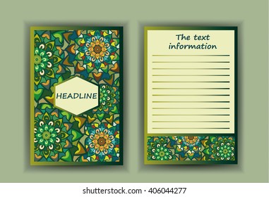 Leaflet, booklet, cover page, abstract, brochure A4, text, frame, motifs, flower, ornaments and mandalas. Floral vector Oriental design flyer layout template front and back sides. Easy to use and edit