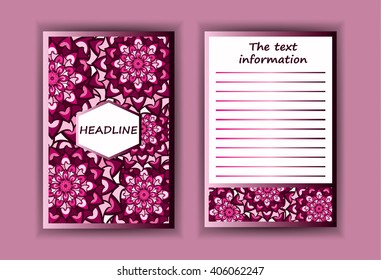 Leaflet, booklet, cover page, abstract, brochure A4, text, frame, motifs, flower, ornaments and mandalas. Floral vector Oriental design flyer layout template front and back sides. Easy to use and edit