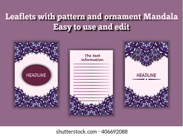 Leaflet, booklet, cover page, abstract, brochure A4, text, frame, motifs, floral, ornaments and mandalas. Floral vector Oriental design flyer layout template front and back sides. Easy to use and edit