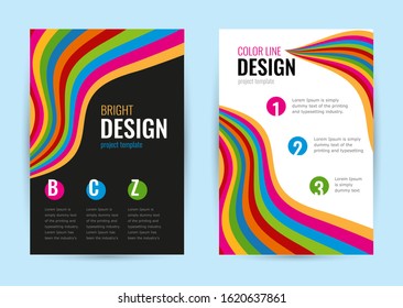  leaflet with bright rainbow line on white and black background. Abstract vector vertical banners color line.  Universal template with empty place for text. 