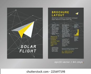 Leaflet / brochure / cover / page layout template. Polygonal design, geometric sharp surfaces, minimalistic three-colored digital style. Arrow shaped flight theme. Progress and development concept. 