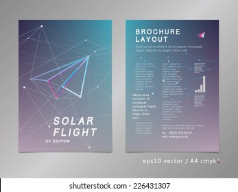 Leaflet / brochure / cover / page layout template. Polygonal design, geometric sharp surfaces, futuristic uv style. Arrow shaped, flight theme. Progress and development concept. 