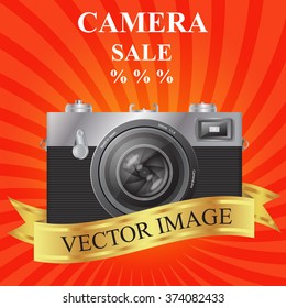 Leaflet with the camera, a gold ribbon. Preparation for an advertising poster. Vector drawing