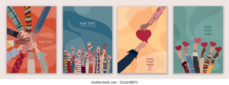 Leaflet - cover with group of volunteer multicultural people - editable poster template. Raised arms of people holding a heart in their hand. Charity and solidarity donation. Community