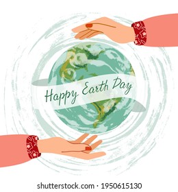 Diseño de un folleto para el Día de la Tierra. Un planeta es abrazado por las manos. Ilustraciones vectoriales de color en estilo plano. Ilustración vectorial. EPS 10.