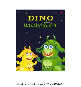 Leaflet design with friendly monsters. Funny mascots on dark background. Celebration and Halloween party. Template for promotional leaflet or flyer