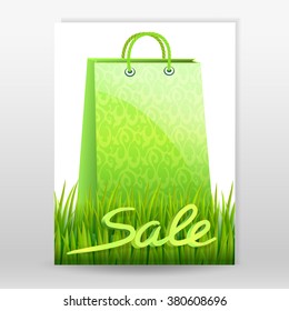Leaflet design with shopping bag. Spring or summer sale. Vector illustration.