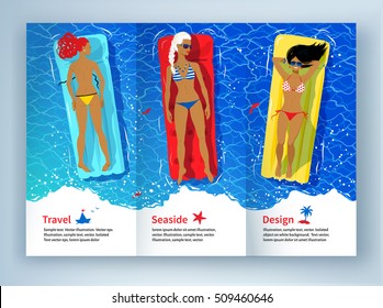 Leaflet design with vector illustration of three young women floating on pool rafts and sunbathing in water.