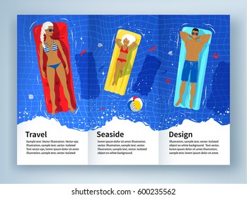 Leaflet design with vector top view illustration of young family on vacation floating on water in swimming pool.