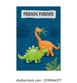 Leaflet designs with funny dinos. Colorful brochure with happy dinosaurs on blue background. Creatures and fossil reptiles concept. Template for promotional posters or flyer