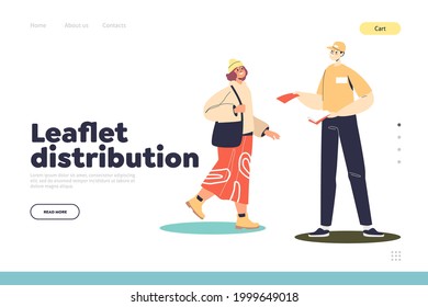Concepto de distribución de folletos de la página de aterrizaje con un promotor de hombre que ofrece folletos para atraer nuevos clientes fuera de línea en la calle. Distribución de promociones al aire libre y comercial. Dibujo vectorial plano de dibujos animados