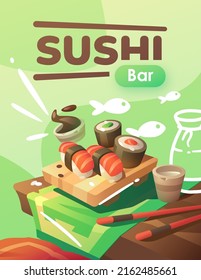 A leaflet with a drawing of sushi and sake, decorated with doodles in vertical format.Great for developing websites, menus, business cards, banners, posters, covers, flyers.
