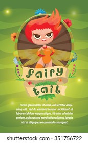 Leaflet with Floral round frame with cute cartoon female fairy with big beautiful eyes, red fire hair and butterfly wings. Explosive character. Place your text under the emblem. vector illustration
