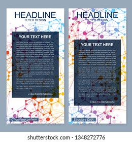 Leaflet flyer layout. Magazine cover corporate identity template. Science and technology design, structure DNA, chemistry, medical background, business and website templates. Vector illustration,