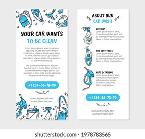 Leaflet flyer for printing for the car wash and auto detaling in the Doodle style. Vector template with icons of high-pressure washer and vacuum cleaner.