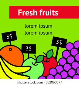 Leaflet with fresh fruit in the style of the flat: bananas, oranges, apples, grapes