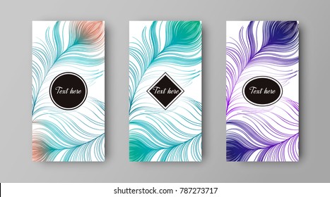 leaflet with green and purple peacock feathers, vector design of cover 