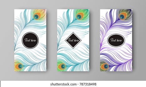 Leaflet With Green And Purple Peacock Feathers, Vector Design Of Cover 