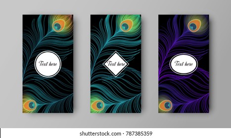 leaflet with green and purple peacock feathers, vector design of cover 