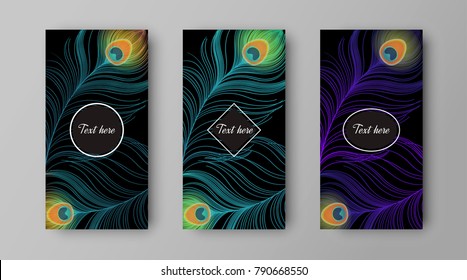 leaflet with green and purple peacock feathers, vector design of cover 