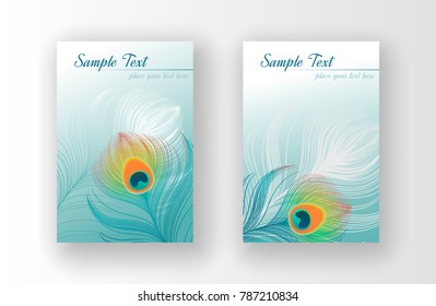 Leaflet With Green And White Peacock Feathers, Vector Design Of Cover 