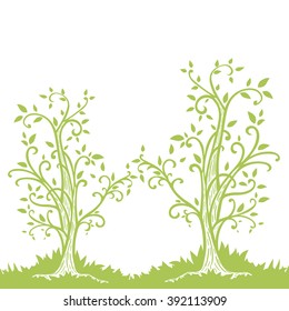 Leaflet with hand drawn green eco curly trees and empty space for your text isolated on white background. Spring invitation card. Vector illustration.