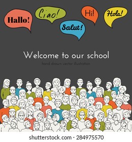 leaflet illustration of a group of Children and teenagers with speech clouds of different foreign languages. hand drawn vector illustration