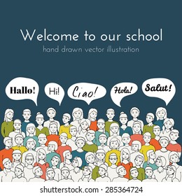 leaflet illustration of a group of Children and teenagers with speech clouds of different foreign languages. hand drawn vector illustration