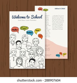 leaflet illustration of a group of Children and teenagers with speech clouds with the word "hello" in different foreign languages. hand drawn vector illustration for leaflet or advertisement