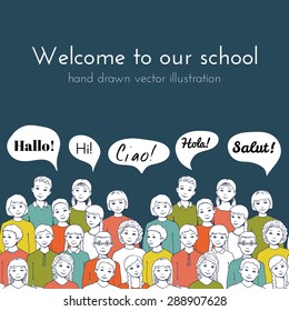 leaflet illustration of a group of Children and teenagers with speech clouds with the word "hello" different foreign languages. hand drawn vector illustration for leaflet or advertisement. horizontal pattern