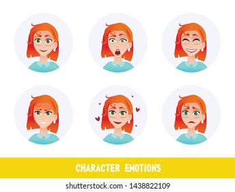 Leaflet Inscription Character Emotions Cartoon. Portrait Beautiful Red-haired Girl Experiencing Emotions: Joy, Laughter, Sadness, Surprise, Anger, Love. Vector Illustration on White Background.