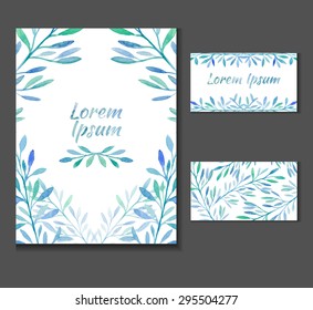 The leaflet, invitation with space for text and business card templates with blue watercolor plants for your business