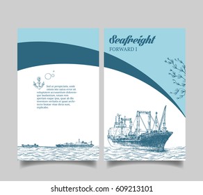 Leaflet. Marine theme. The lighthouse in the sea. Reefer sails on the waves of the sea. It can be use for a company that deals with cargo transportation or travel. Reefer Forward. Vector illustration