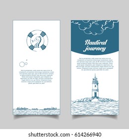 Leaflet. Marine theme. The lighthouse in the sea. Reefer sails on the waves of the sea. It can be use for a company that deals with cargo transportation or travel. Sketch style. Vector illustration
