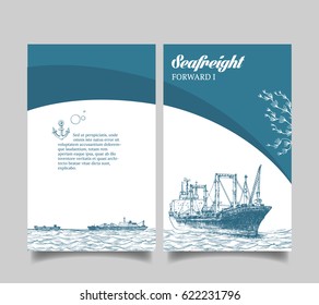 Leaflet. Marine theme. The lighthouse in the sea. Reefer sails on the waves of the sea. It can be use for a company that deals with cargo transportation or travel. Reefer Forward. Vector illustration