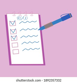A leaflet with a marked action plan along with a pen. Checklist with fulfilled conditions according to the plan. Vector in flat style.