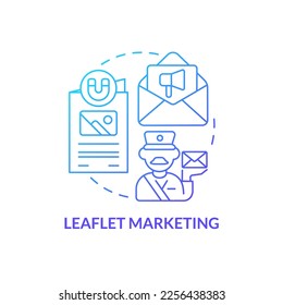 Leaflet marketing blue gradient concept icon. Flyers to promote products. Type of target marketing abstract idea thin line illustration. Isolated outline drawing. Myriad Pro-Bold font used