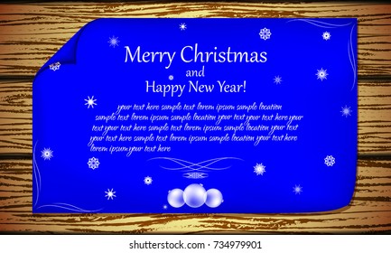 Leaflet with New Year and Christmas greetings on the background of the board 
