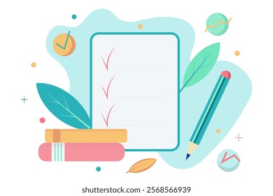 A leaflet with a notebook for notes, a pencil and books. Flat style. Vector graphics