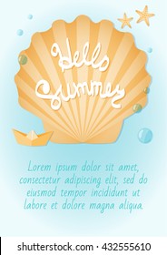 Leaflet on the summer theme. Seashells, starfish, paper boat, azure surf. Lettering: hello summer. Ready to Print.