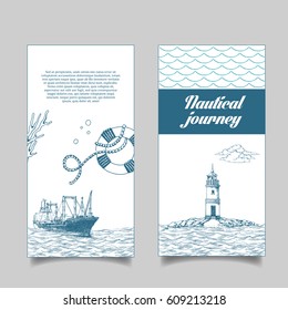 Leaflet. Reefer Forward. The lighthouse in the sea. Reefer sails on the waves of the sea. It can be use for a company that deals with cargo transportation or travel. Sketch style. Vector illustration