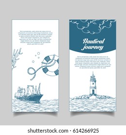 Leaflet. Reefer Forward. The lighthouse in the sea. Reefer sails on the waves of the sea. It can be use for a company that deals with cargo transportation or travel. Sketch style. Vector illustration