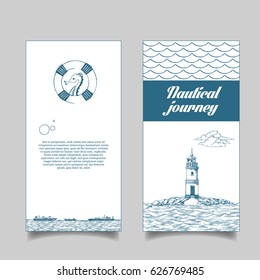 Leaflet. Reefer Forward. The lighthouse in the sea. Reefer sails on the waves of the sea. It can be use for a company that deals with cargo transportation or travel. Sketch style. Vector illustration