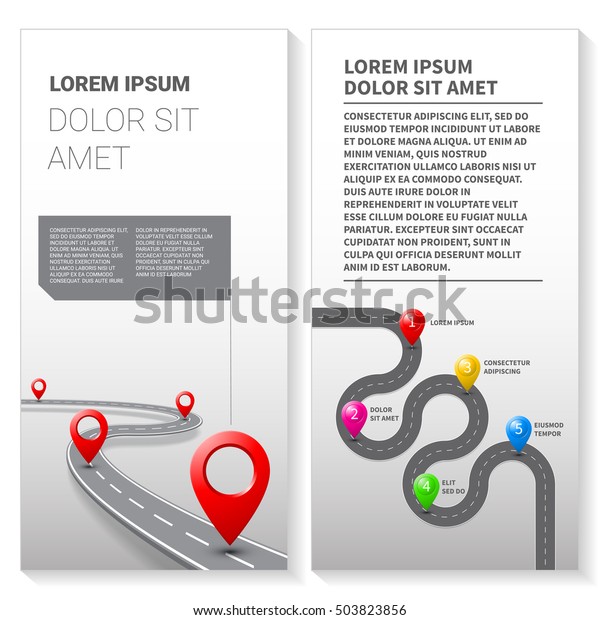 Leaflet with road map vector with street\
pathway route pin icon on the way track. Vector flyer roadmap\
template design on white\
background.