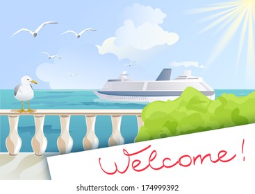 Leaflet with sea views and a cruise ship. vector illustration   